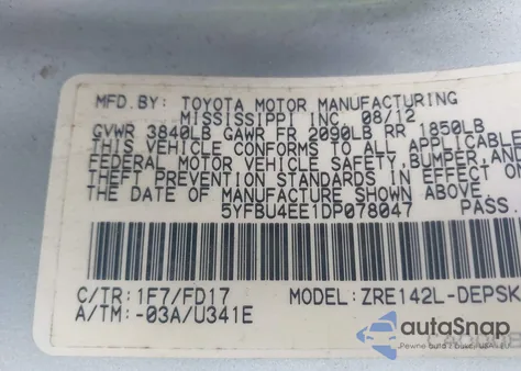 2013 Toyota Corolla S z USA, uszkodzony, nr VIN 5YFBU4EE1DP078047